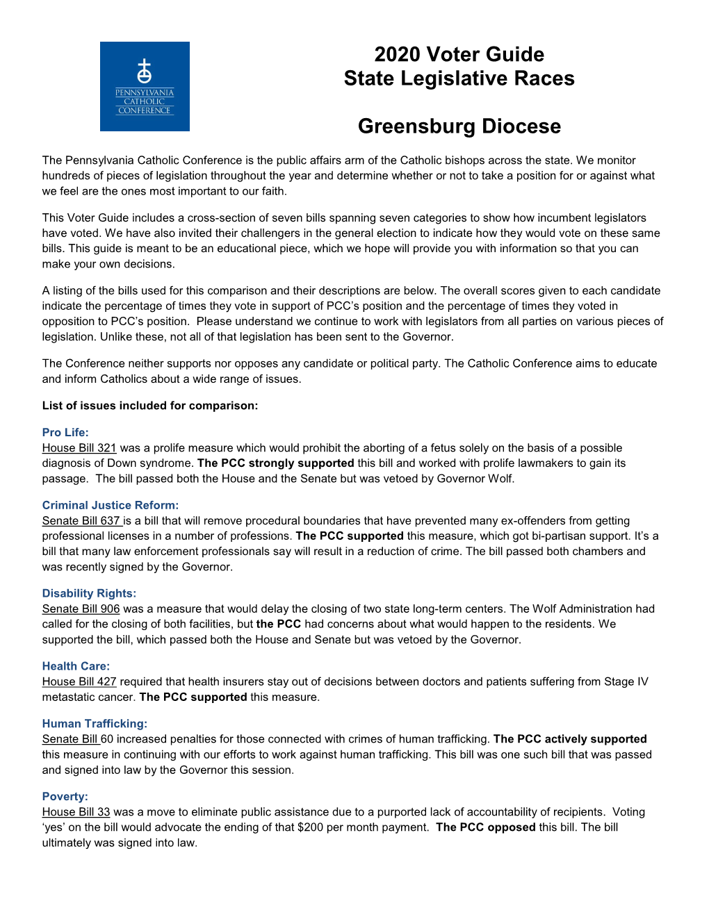2020 Voter Guide State Legislative Races Greensburg Diocese