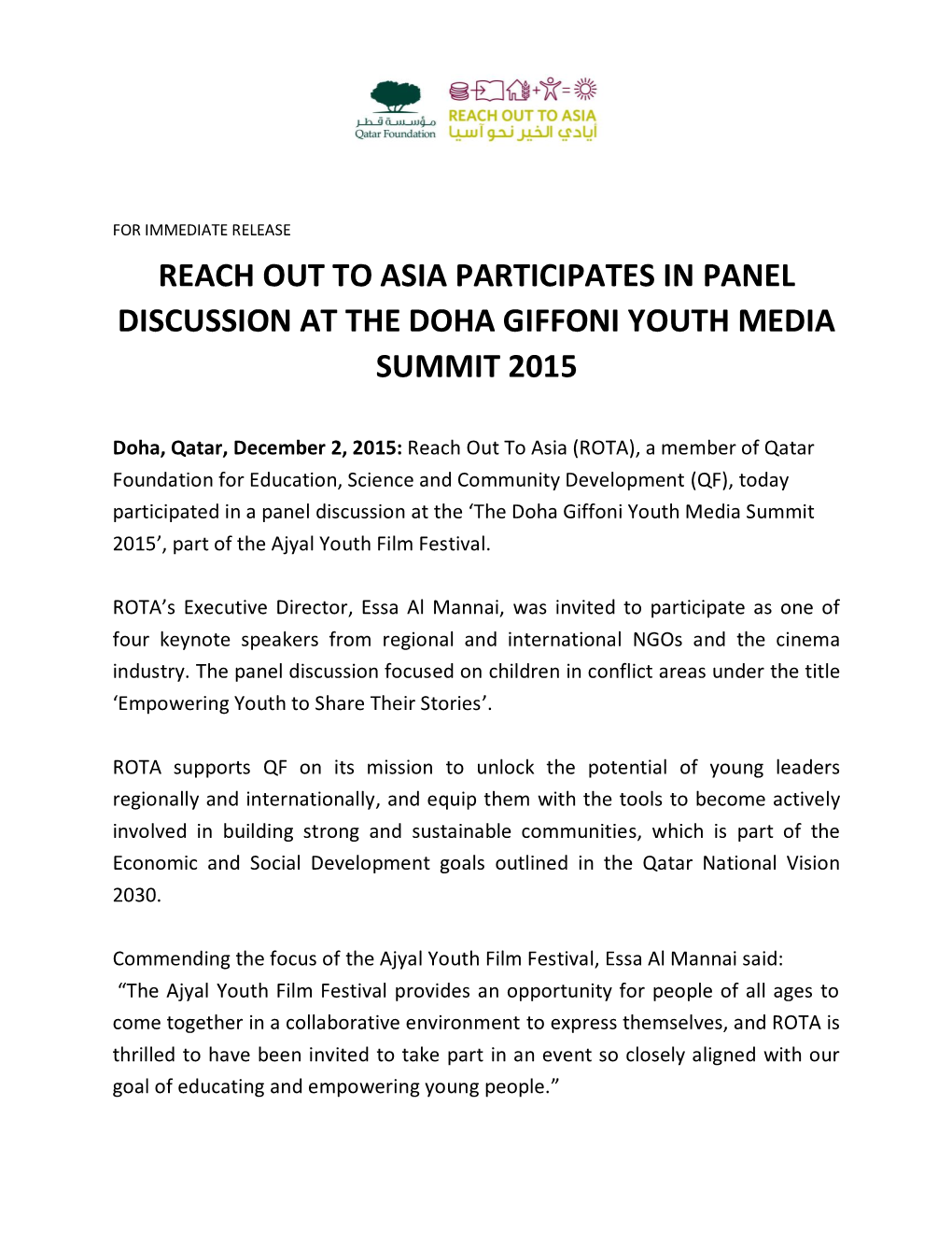 Reach out to Asia Participates in Panel Discussion at the Doha Giffoni Youth Media Summit 2015