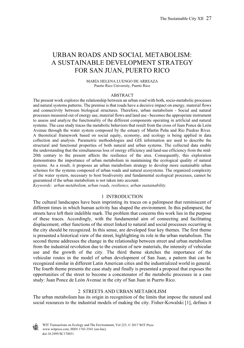 Urban Roads and Social Metabolism: a Sustainable Development Strategy for San Juan, Puerto Rico