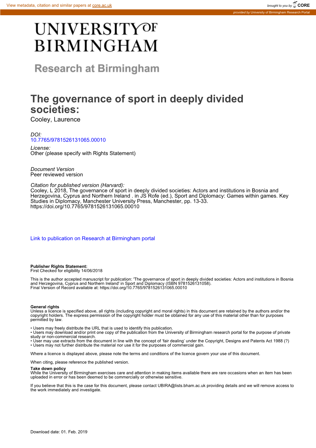 The Governance of Sport in Deeply Divided Societies: Cooley, Laurence