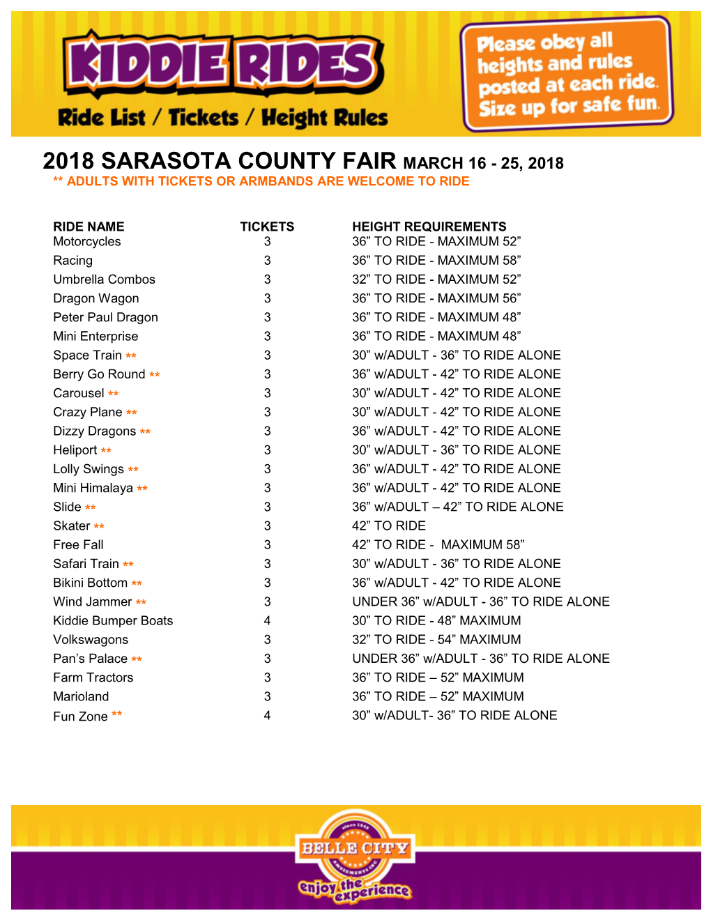 2018 Sarasota County Fair March 16 - 25, 2018 ** Adults with Tickets Or Armbands Are Welcome to Ride