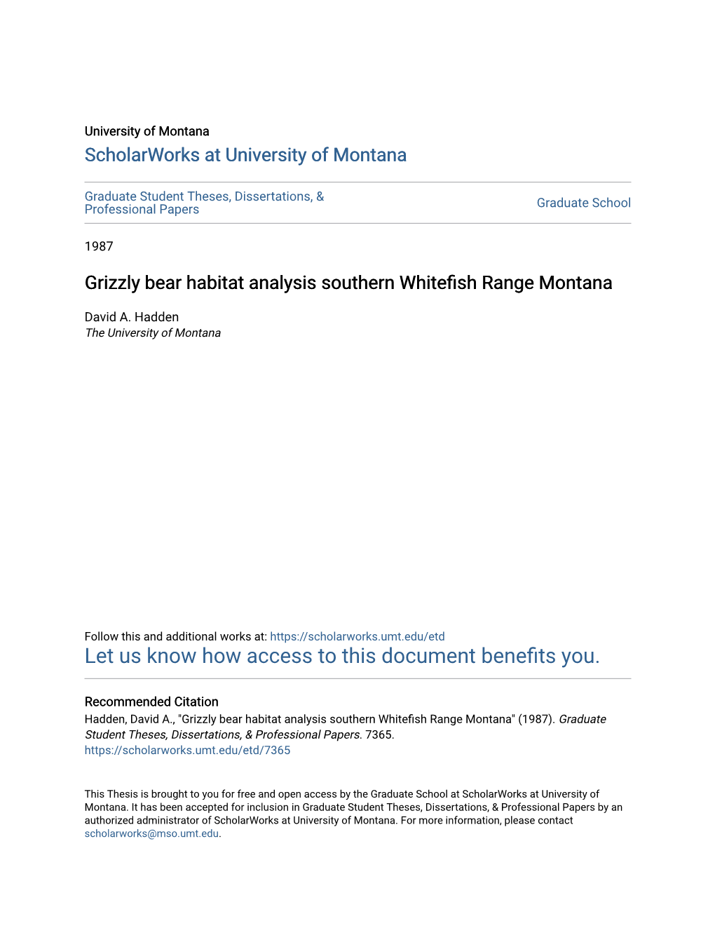 Grizzly Bear Habitat Analysis Southern Whitefish Range Montana
