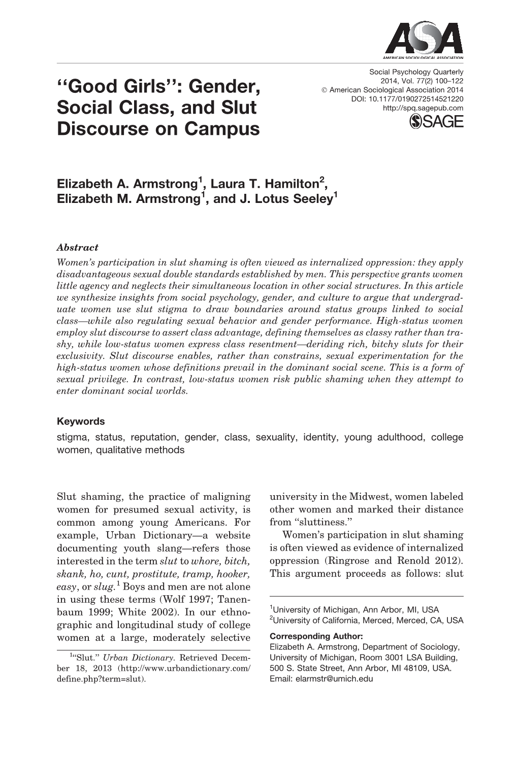 ''Good Girls'': Gender, Social Class, and Slut Discourse on Campus