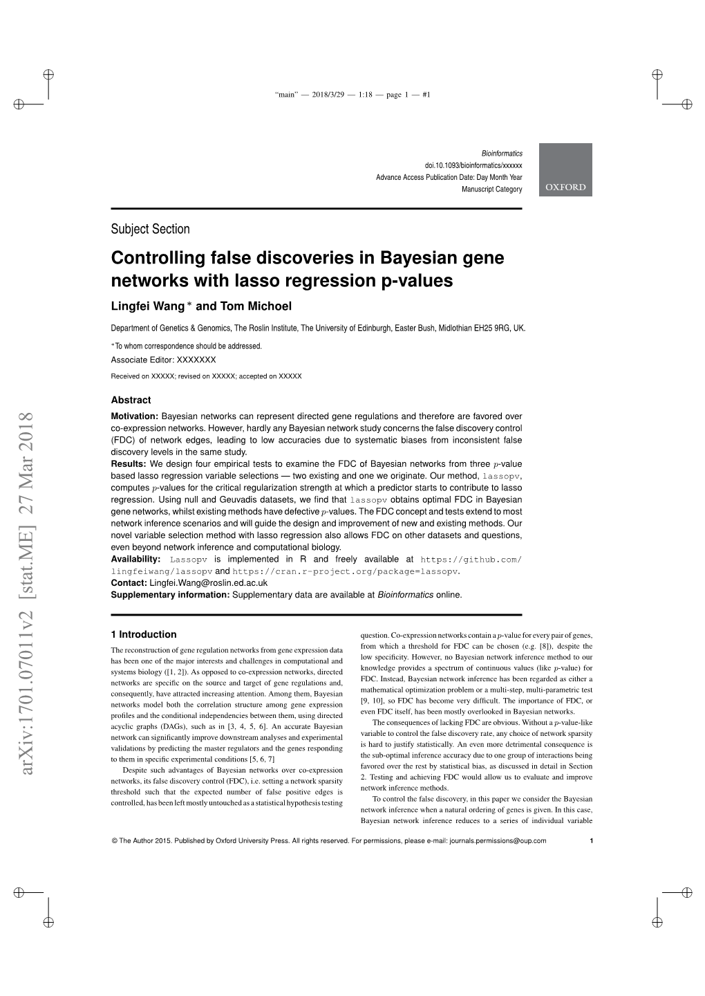 Controlling False Discoveries in Bayesian Gene Networks with Lasso Regression P-Values Lingfei Wang ∗ and Tom Michoel