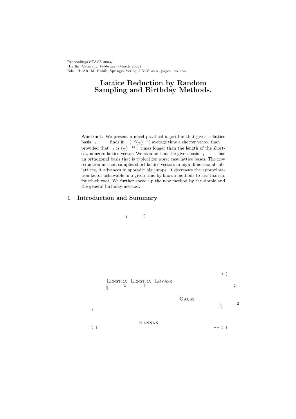 Lattice Reduction by Random Sampling and Birthday Methods