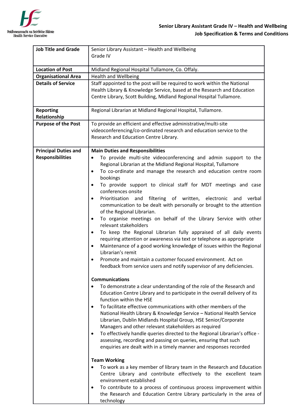 Senior Library Assistant Grade IV Health and Wellbeing