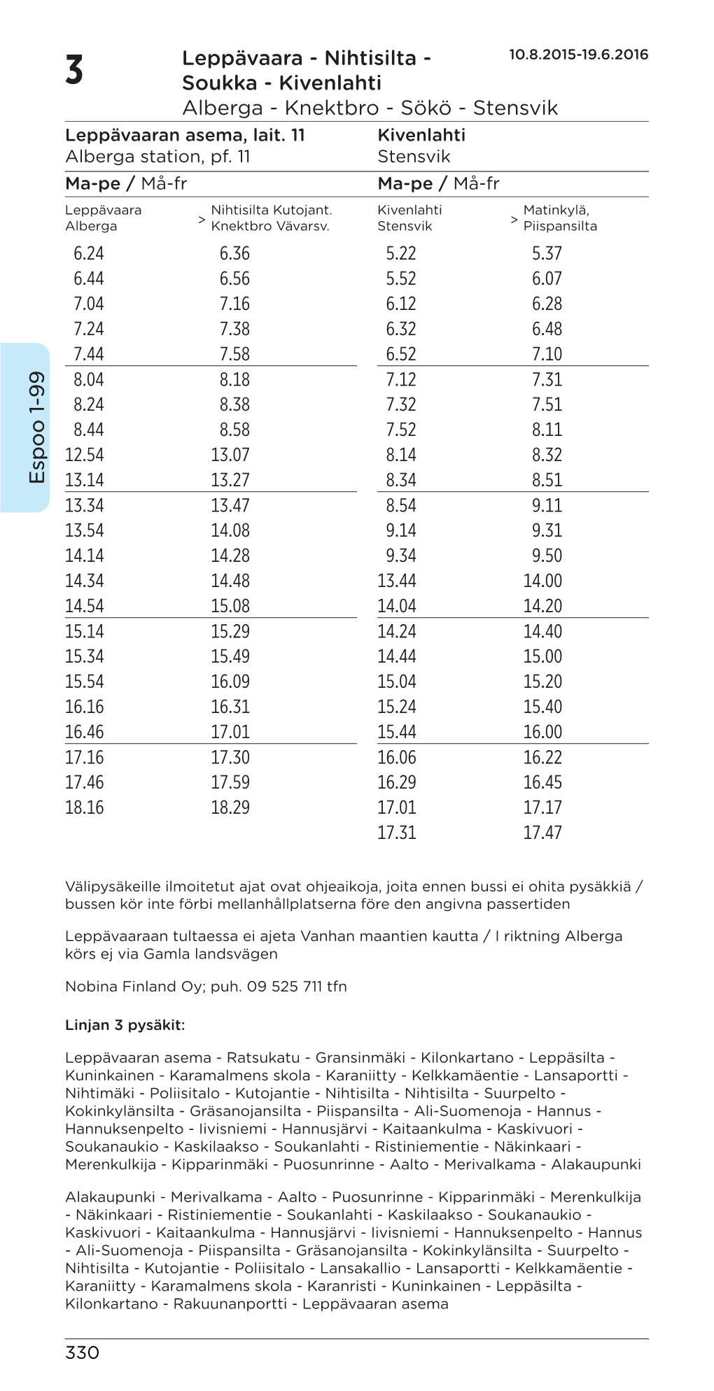 Leppävaara - Nihtisilta - 10.8.2015-19.6.2016 3 Soukka - Kivenlahti Alberga - Knektbro - Sökö - Stensvik Leppävaaran Asema, Lait