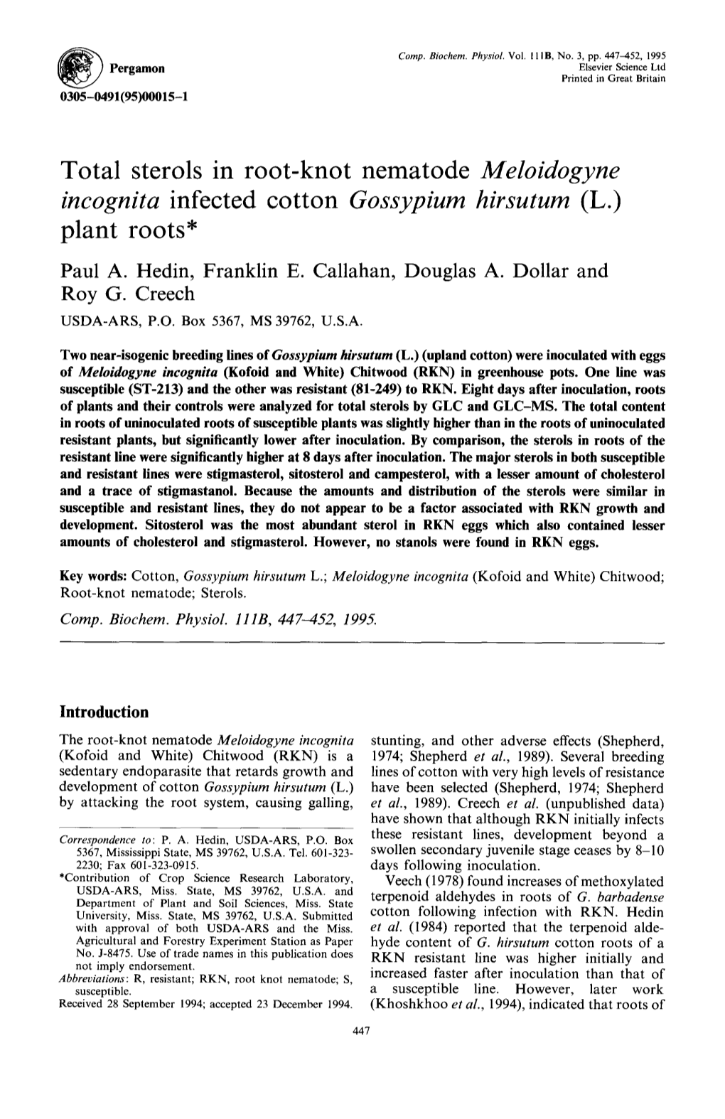 Incognita Infected Cotton Gossypium Hirsutum (L.) Plant Roots* Paul A