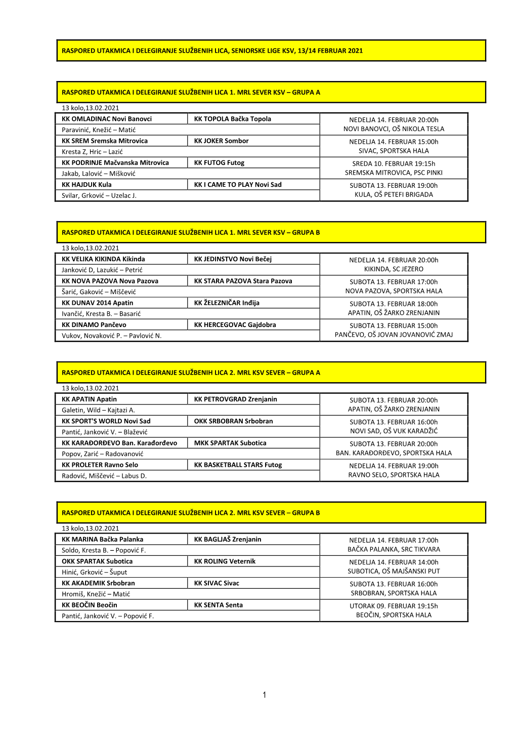 Raspored Utakmica I Delegiranje Službenih Lica, Seniorske Lige Ksv, 13/14 Februar 2021