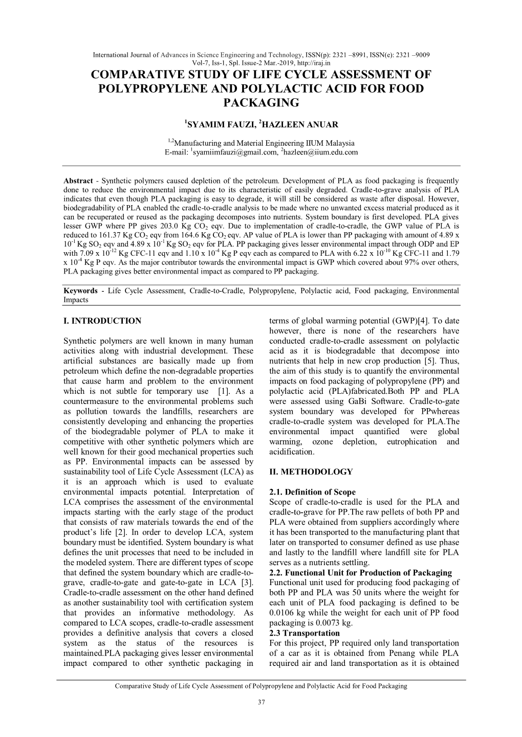 Comparative Study of Life Cycle Assessment of Polypropylene and Polylactic Acid for Food Packaging