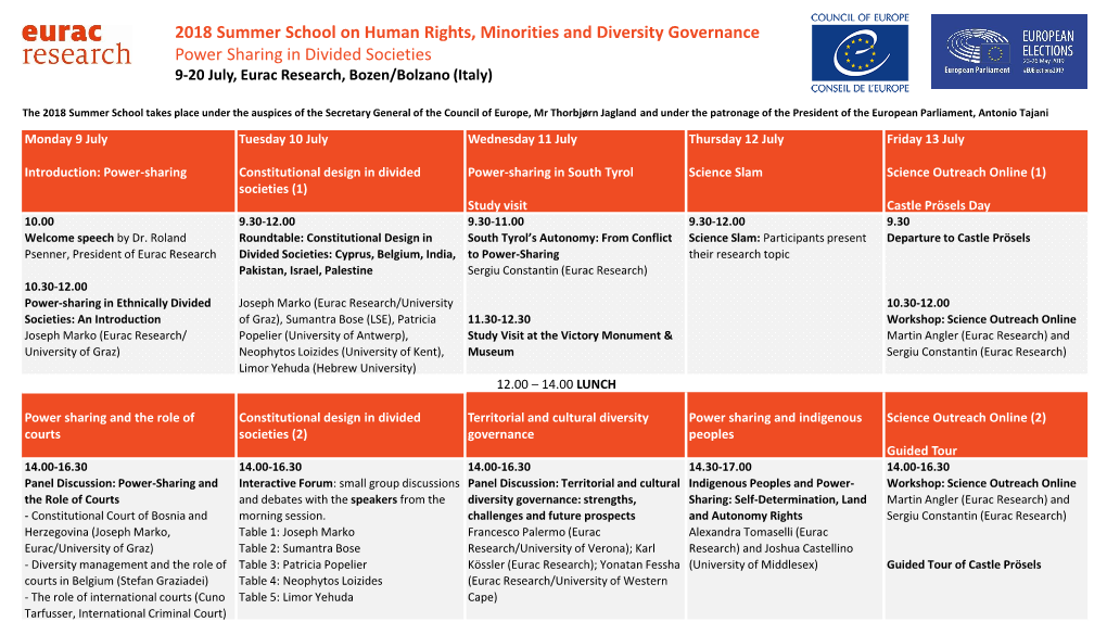 2018 Summer School on Human Rights, Minorities and Diversity Governance Power Sharing in Divided Societies 9-20 July, Eurac Research, Bozen/Bolzano (Italy)