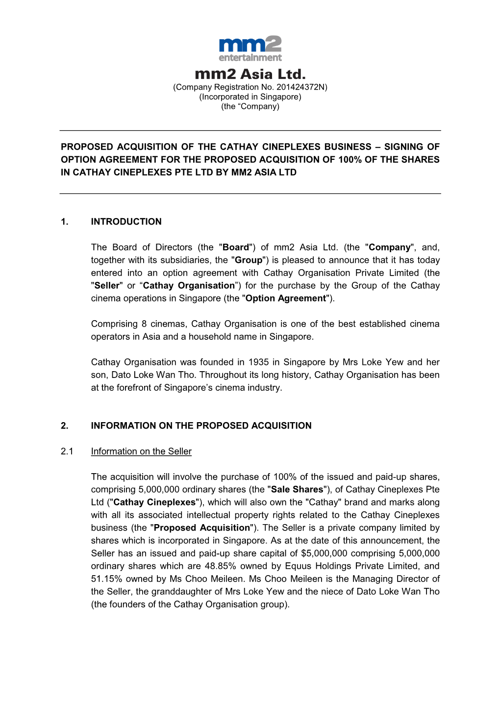 Proposed Acquisition of the Cathay Cineplexes