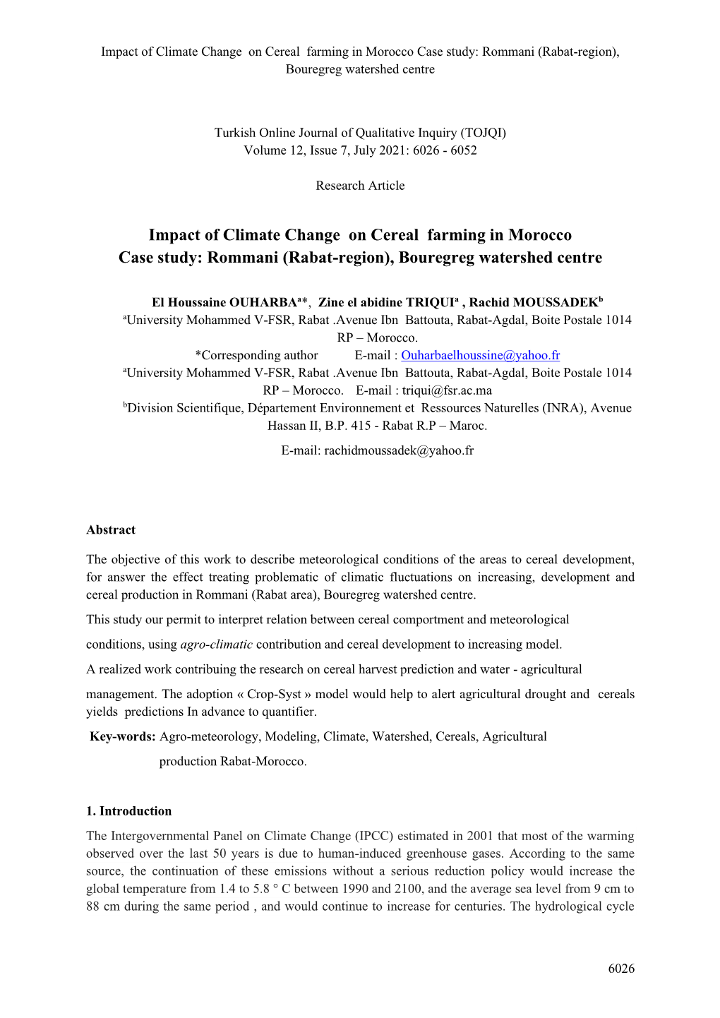 Impact of Climate Change on Cereal Farming in Morocco Case Study: Rommani (Rabat-Region), Bouregreg Watershed Centre