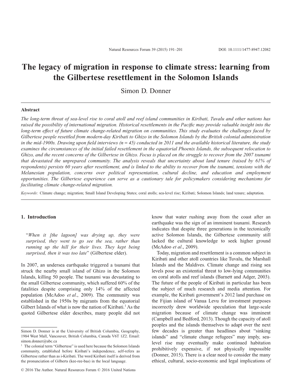 The Legacy of Migration in Response to Climate Stress: Learning from the Gilbertese Resettlement in the Solomon Islands Simon D