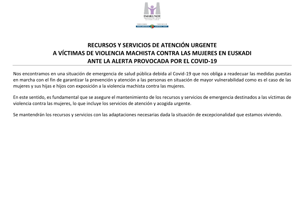 Recursos Y Servicios De Atención Urgente a Víctimas De Violencia Machista Contra Las Mujeres En Euskadi Ante La Alerta Provocada Por El Covid-19