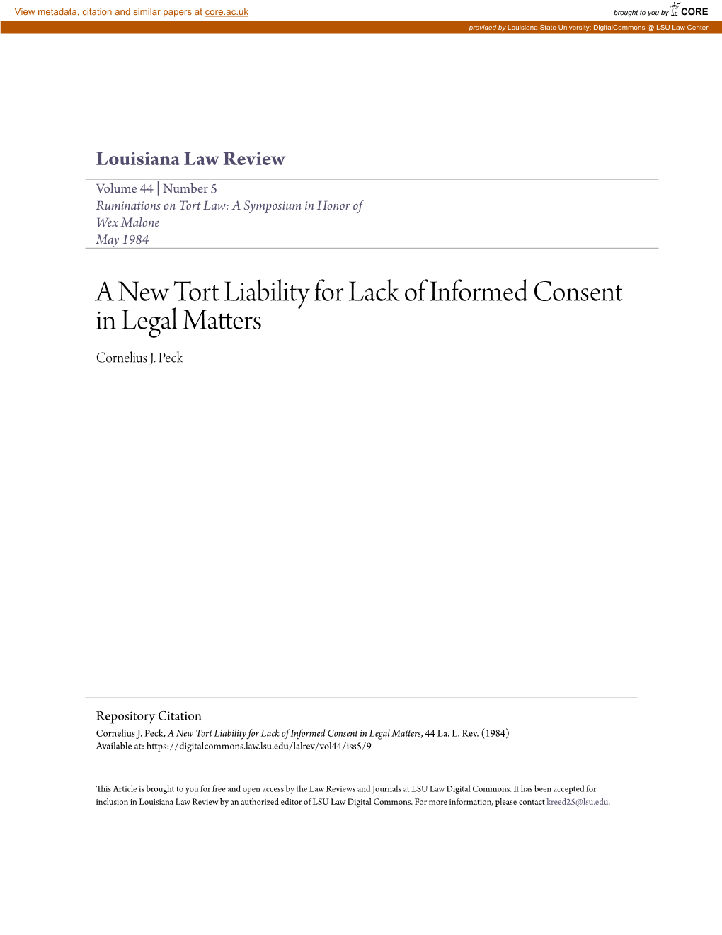 A New Tort Liability for Lack of Informed Consent in Legal Matters Cornelius J