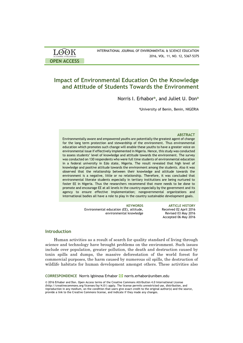 Impact of Environmental Education on the Knowledge and Attitude of Students Towards the Environment