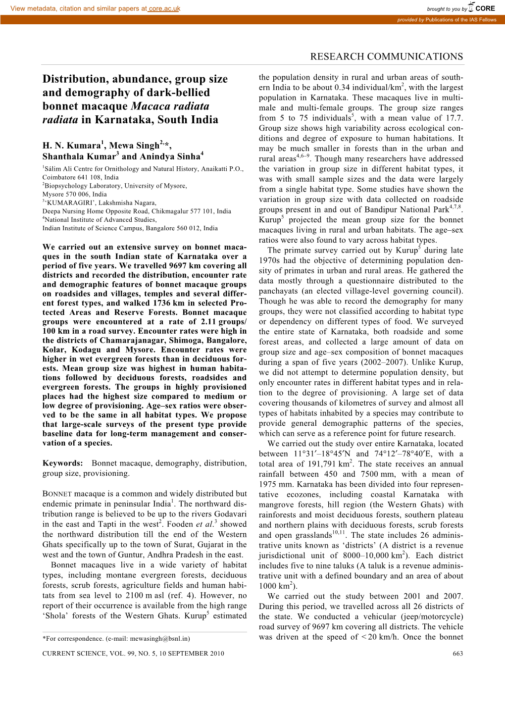 Distribution, Abundance, Group Size and Demography of Dark-Bellied