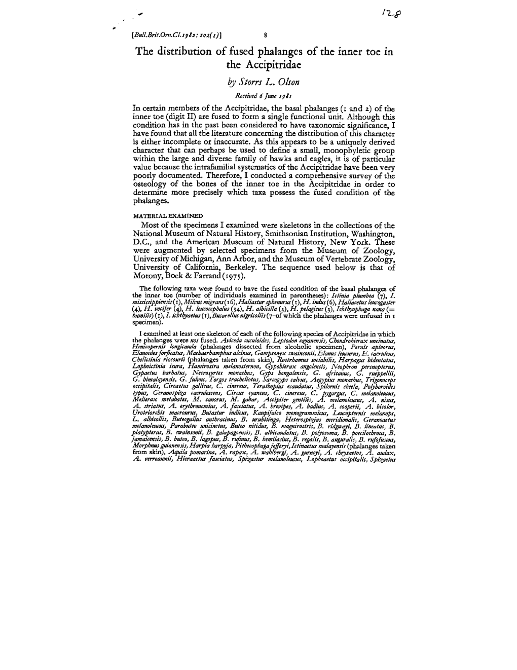 The Distribution of Fused Phalanges of the Inner Toe in the Accipitridae by Storrs L