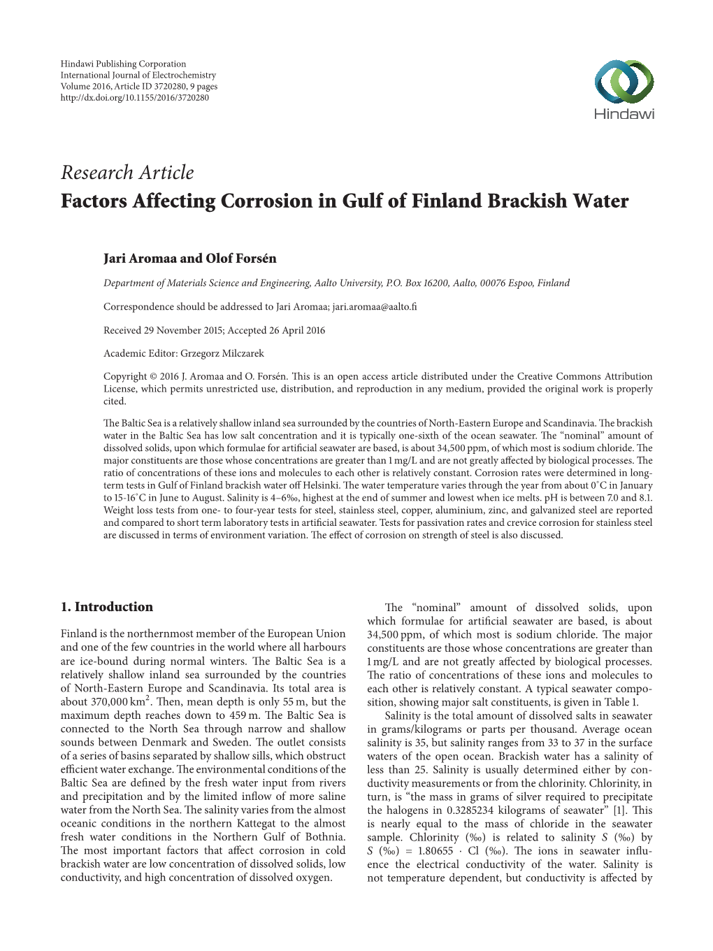 Research Article Factors Affecting Corrosion in Gulf of Finland Brackish Water