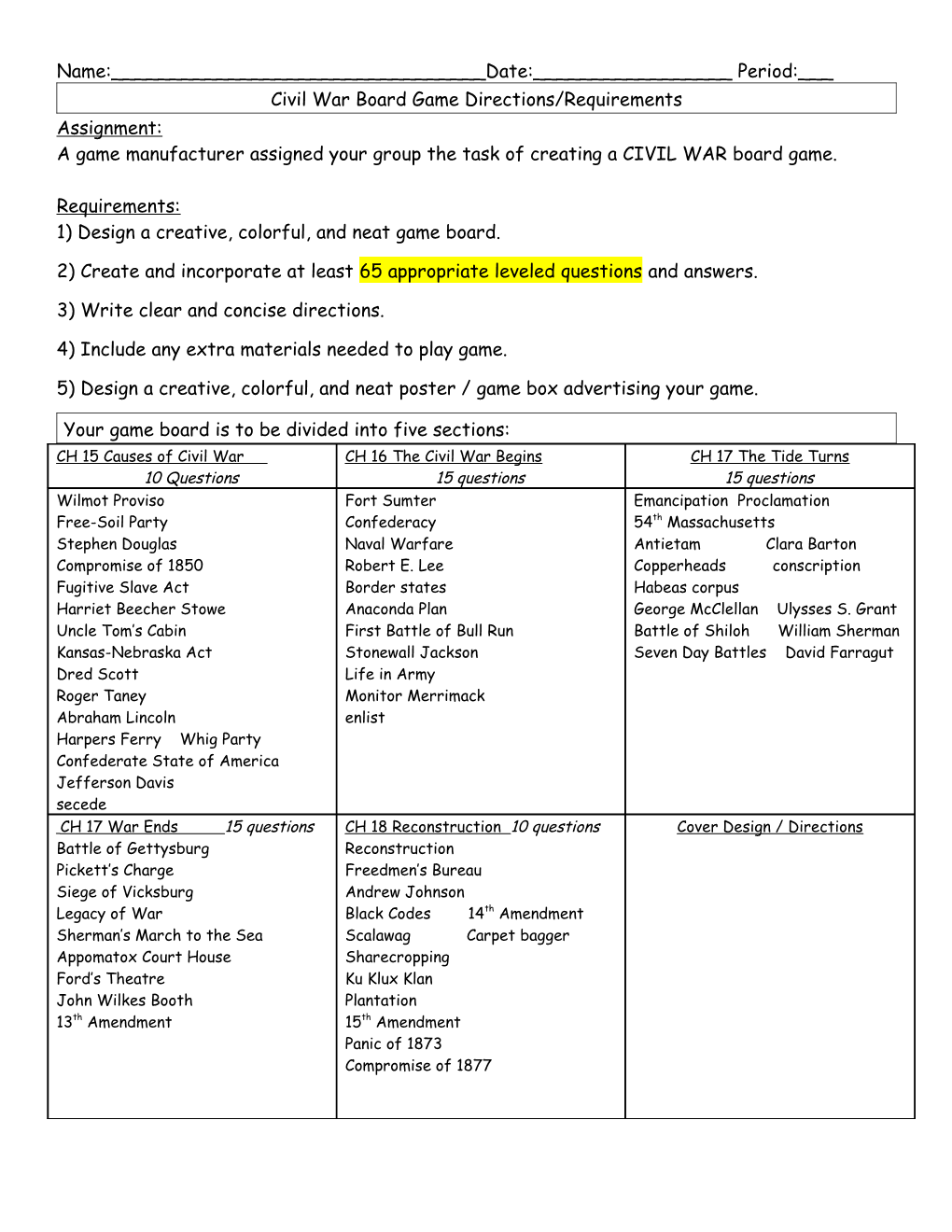 Civil War Board Game Directions/Requirements