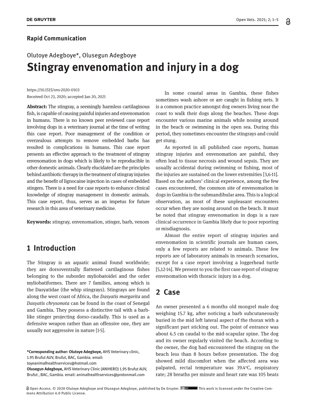 Stingray Envenomation and Injury in a Dog