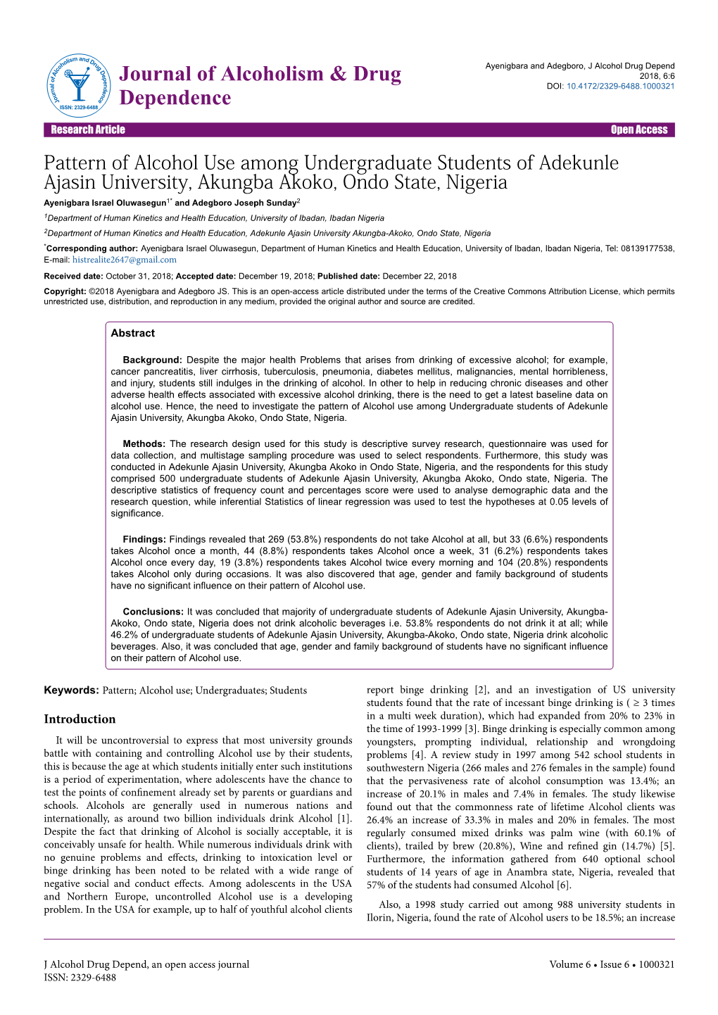 Pattern of Alcohol Use Among Undergraduate Students Of