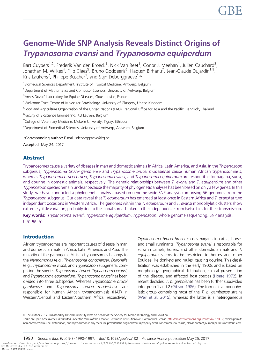 Genome-Wide SNP Analysis Reveals Distinct Origins of Trypanosoma Evansi and Trypanosoma Equiperdum