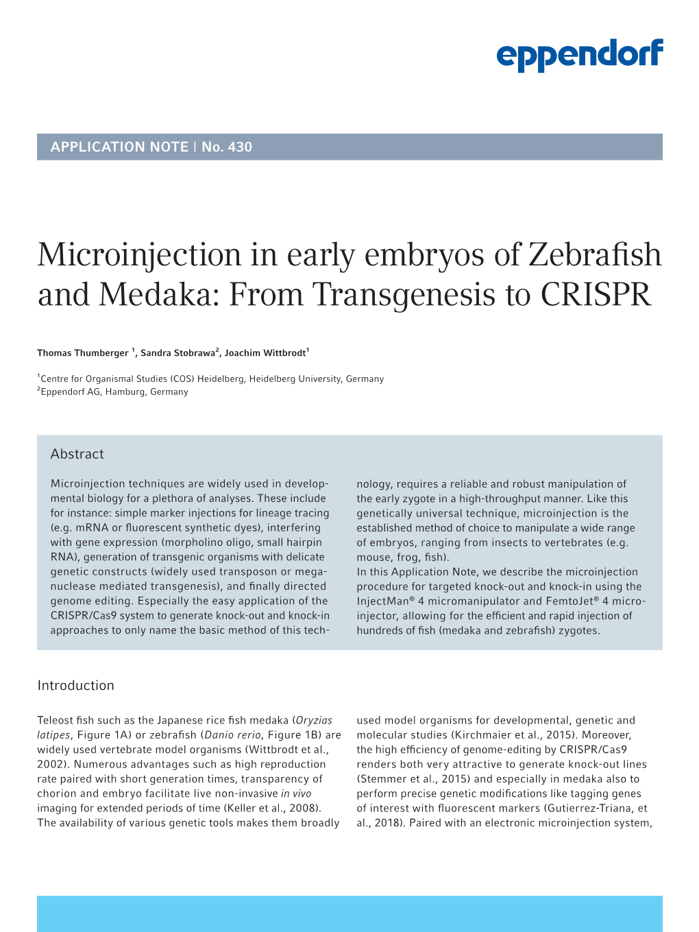 Microinjection in Early Embryos of Zebrafish and Medaka: from Transgenesis to CRISPR