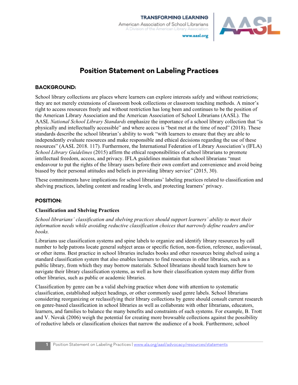 Position Statement on Labeling Practices