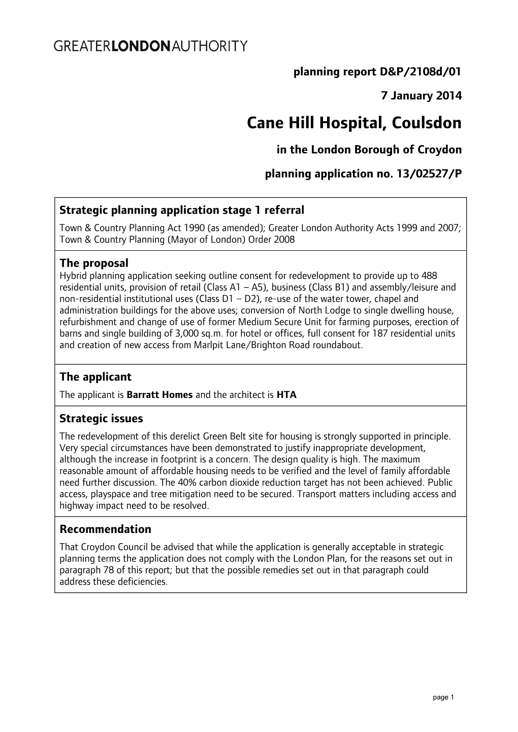 Cane Hill Hospital, Coulsdon in the London Borough of Croydon Planning Application No