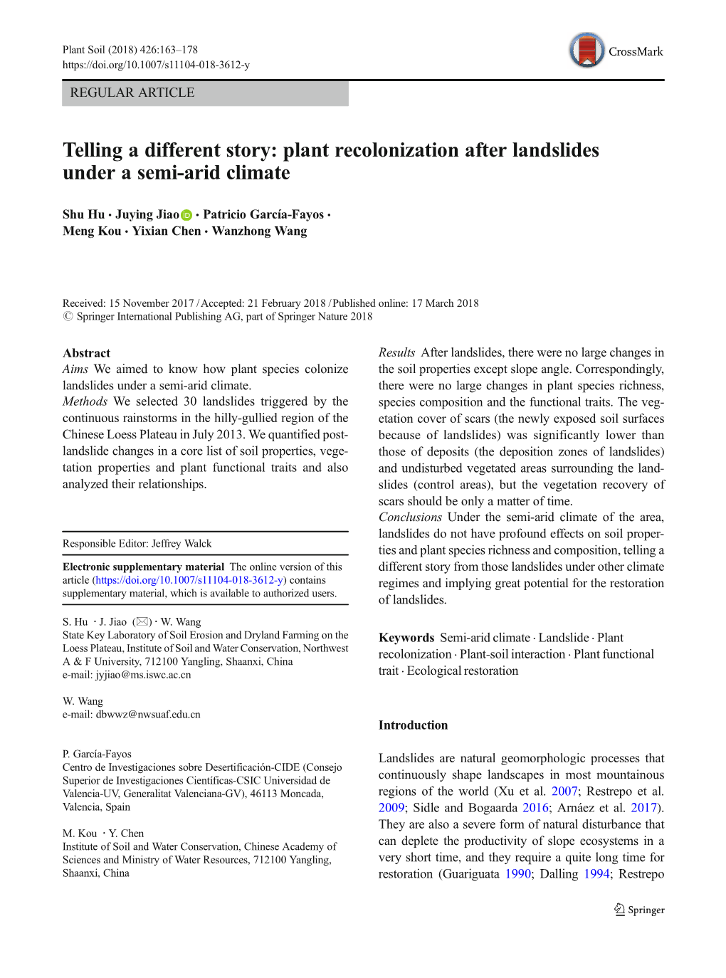 Plant Recolonization After Landslides Under a Semi-Arid Climate