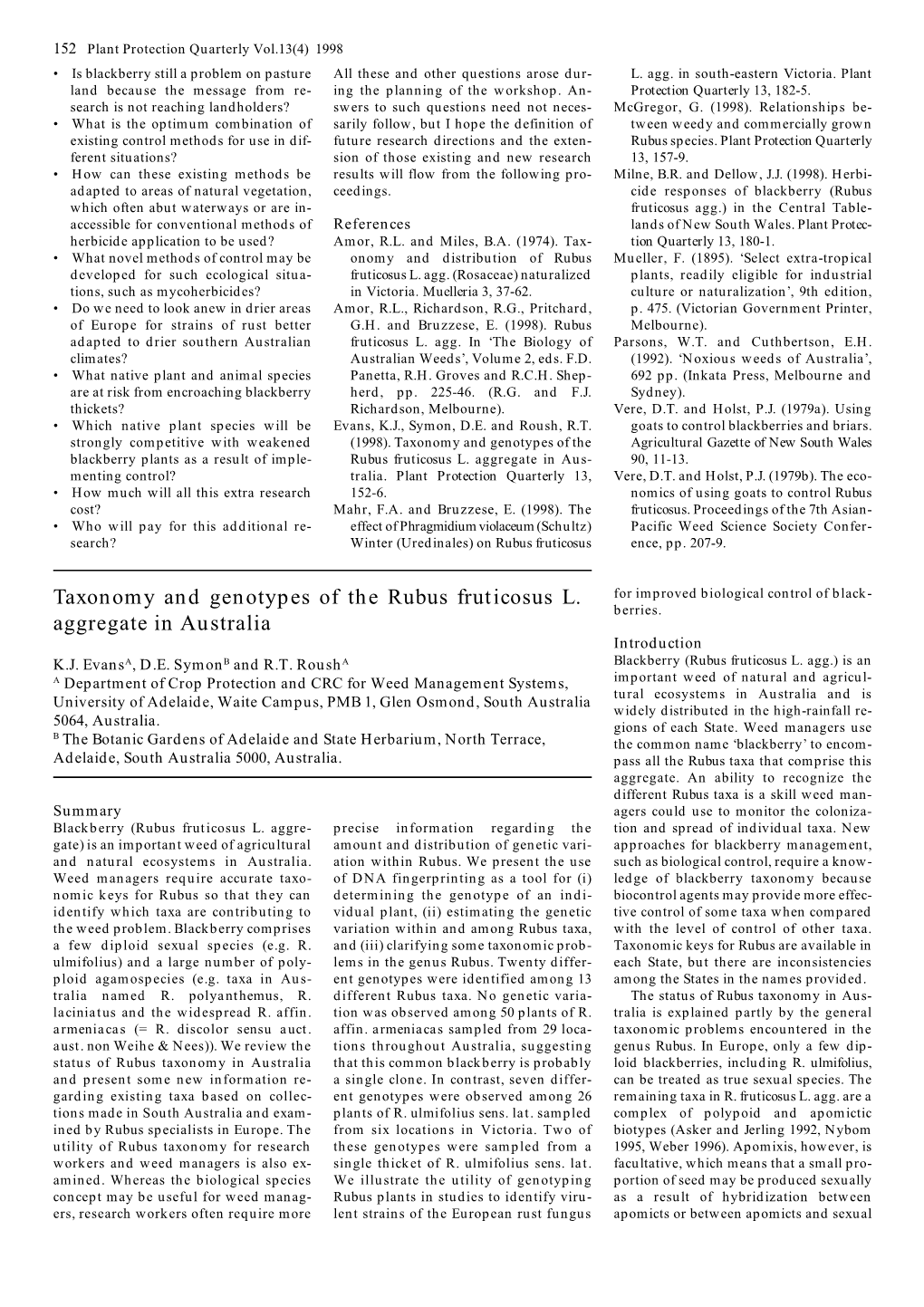 Taxonomy and Genotypes of the Rubus Fruticosus L. Aggregate in Australia