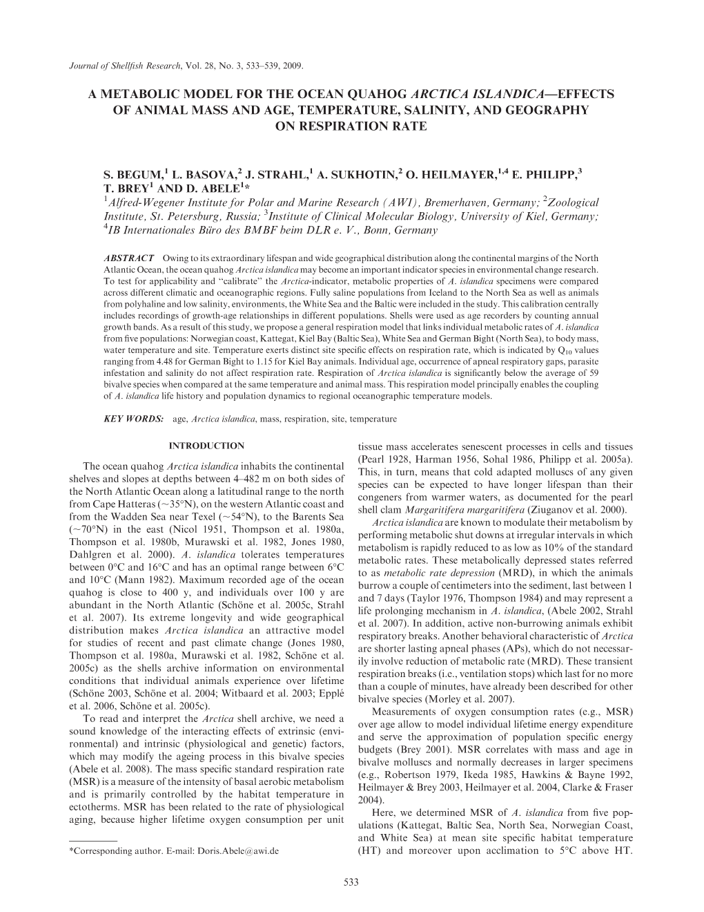 A Metabolic Model for the Ocean Quahog Arctica Islandica—Effects of Animal Mass and Age, Temperature, Salinity, and Geography on Respiration Rate