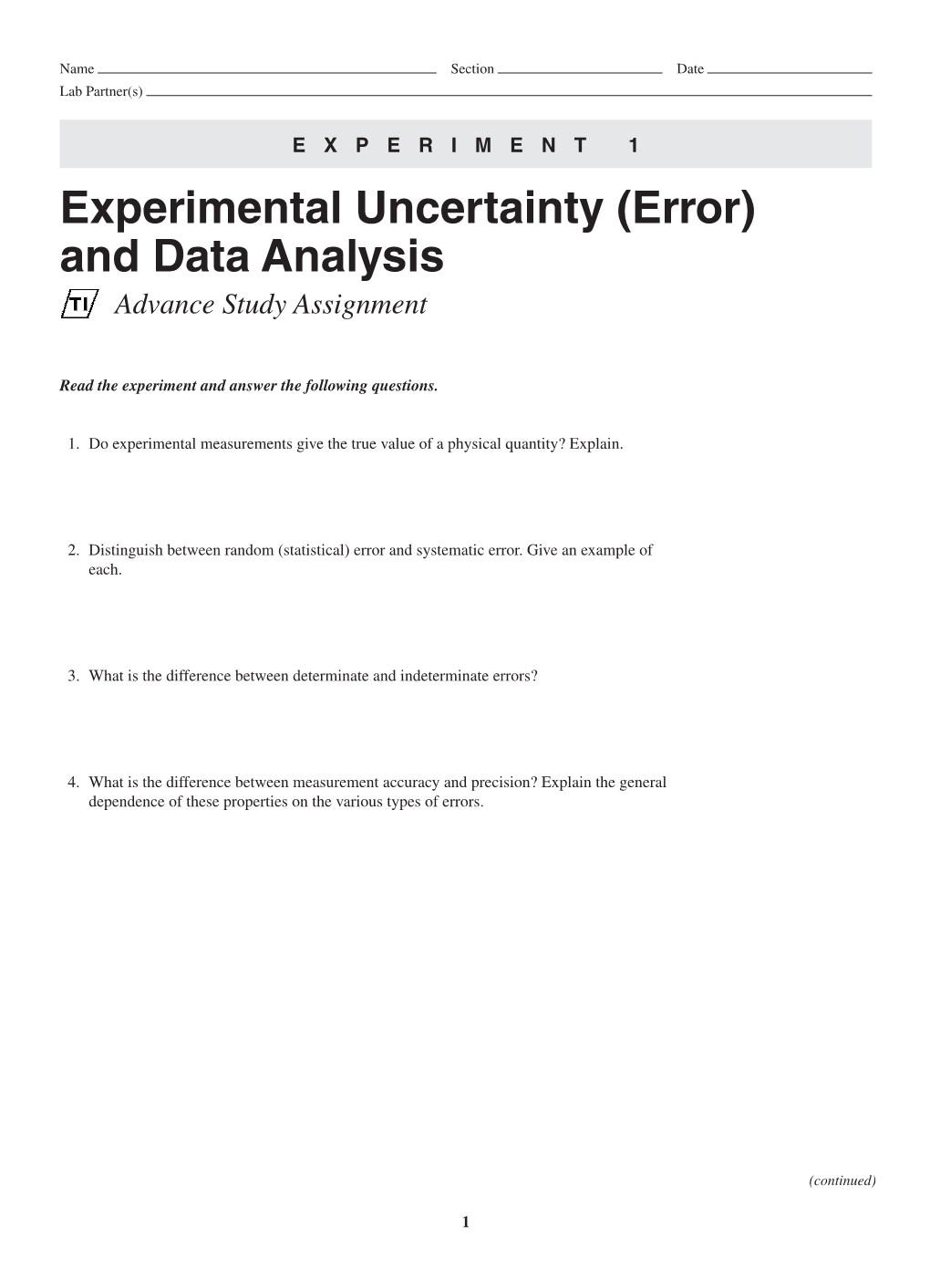 Experimental Uncertainty (Error) and Data Analysis Advance Study Assignment