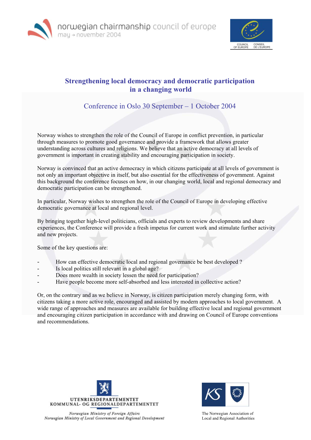 Strengthening Local Democracy and Democratic Participation in a Changing World