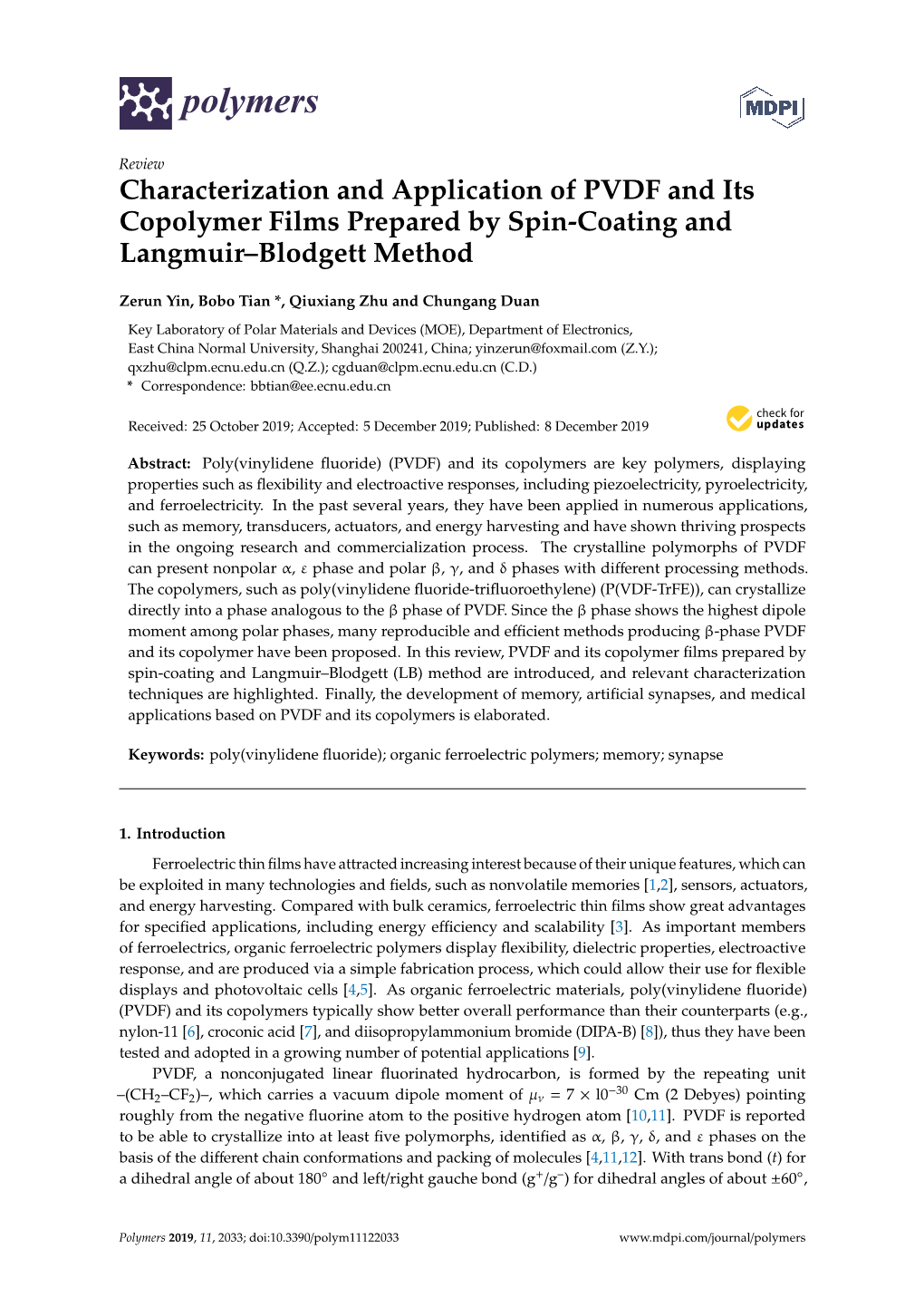 Characterization and Application of PVDF and Its Copolymer Films Prepared by Spin-Coating and Langmuir–Blodgett Method