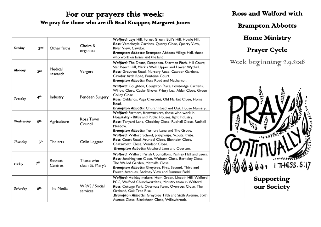 For Our Prayers This Week: Ross and Walford with We Pray for Those Who Are Ill: Brad Knapper, Margaret Jones Brampton Abbotts