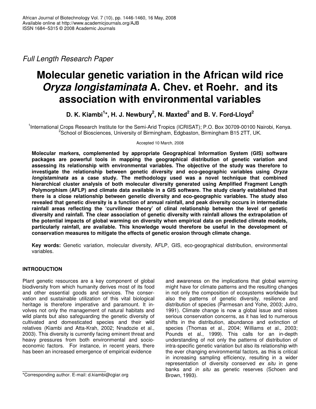 Molecular Genetic Variation in the African Wild Rice Oryza Longistaminata A