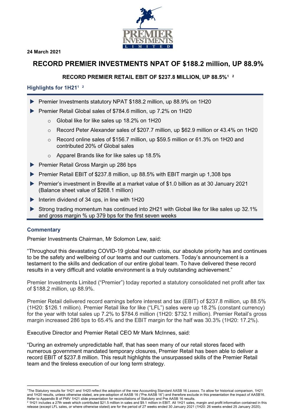 RECORD PREMIER INVESTMENTS NPAT of $188.2 Million, up 88.9%