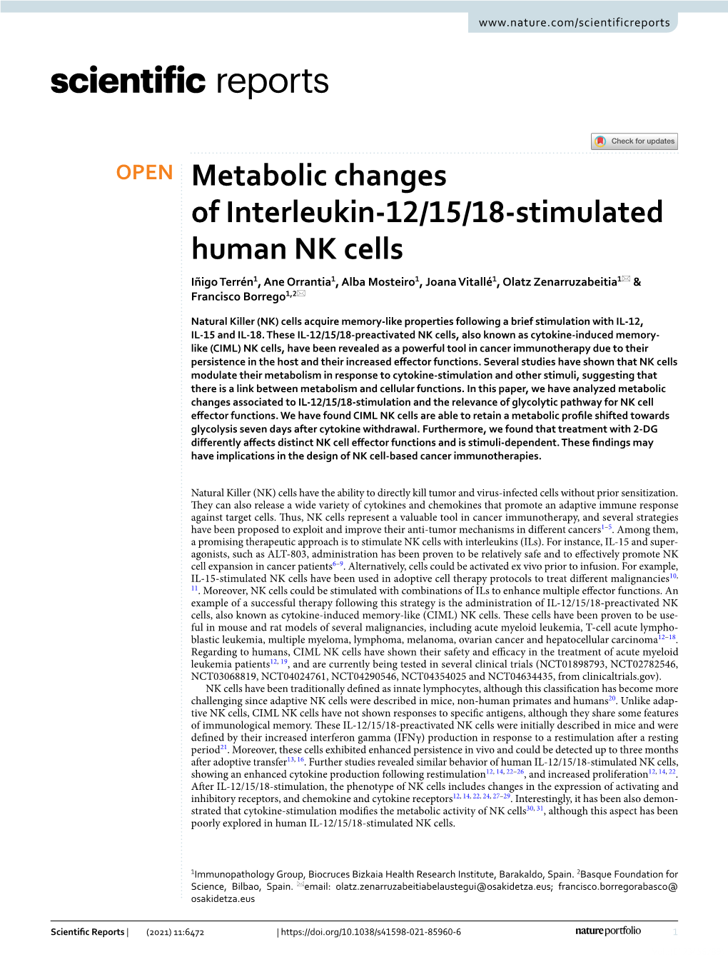 Metabolic Changes of Interleukin-12/15/18-Stimulated