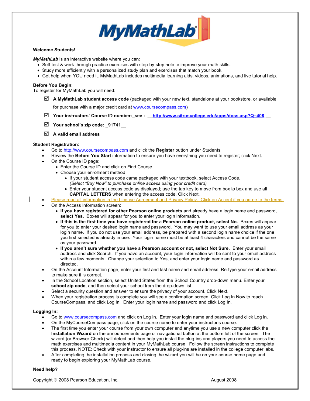 New Directions for Registering in Mymathlab.Com (MML) in Format