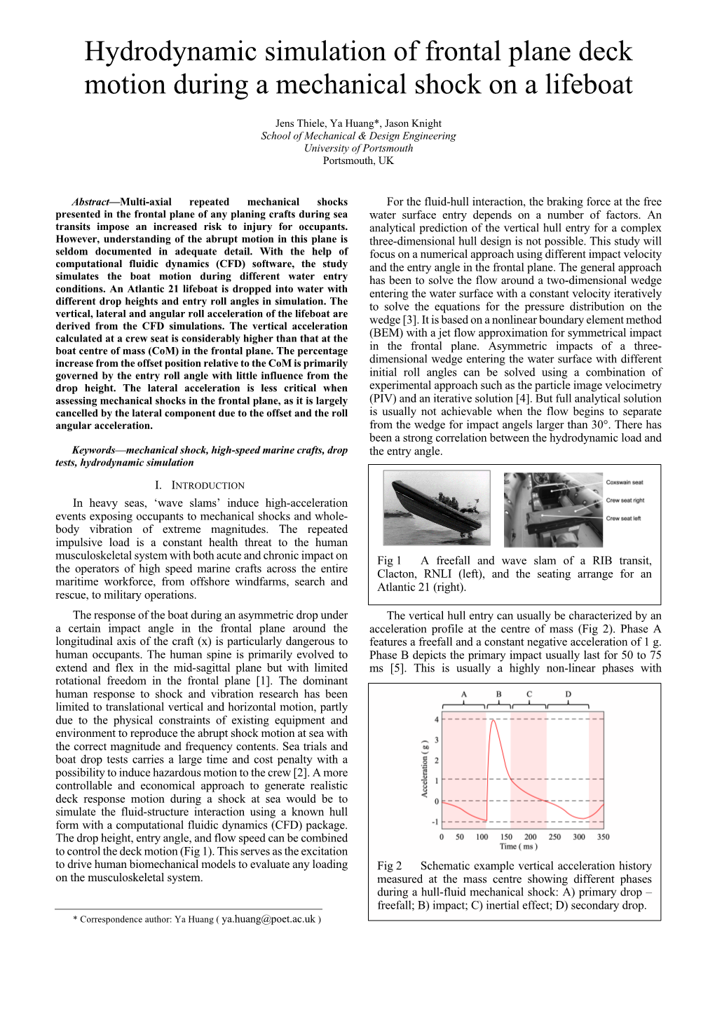 Hydrodynamic Simulation of Frontal Plane Deck Motion During a Mechanical Shock on a Lifeboat