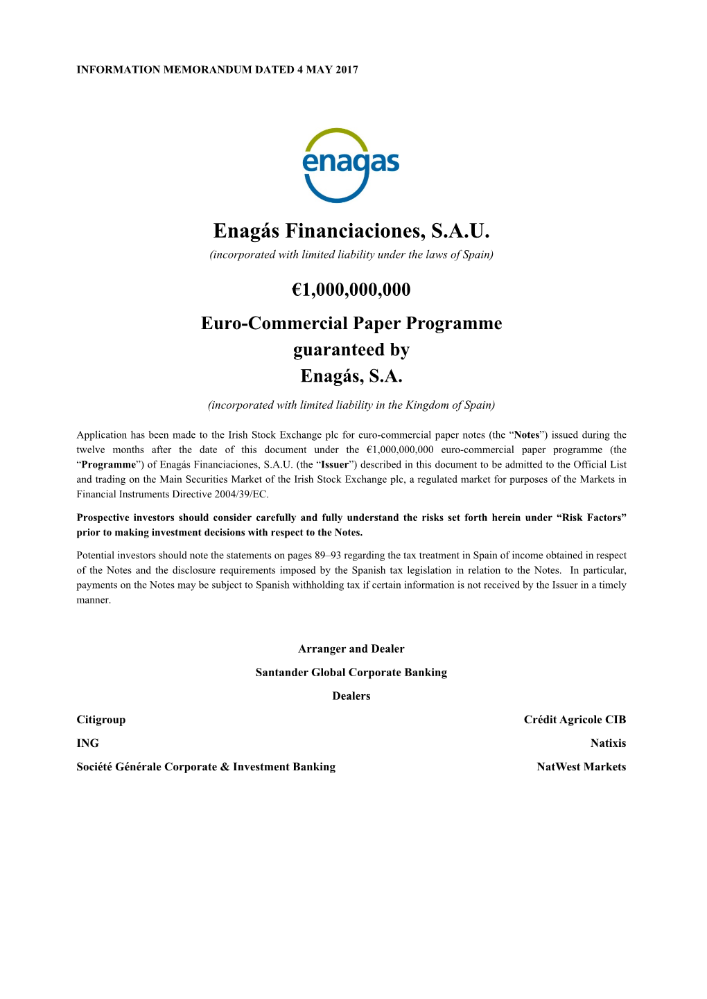 Enagás Financiaciones, S.A.U. (Incorporated with Limited Liability Under the Laws of Spain)