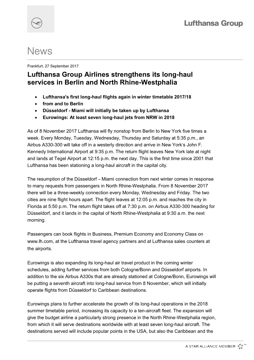 Lufthansa Group Airlines Strengthens Its Long-Haul Services in Berlin and North Rhine-Westphalia