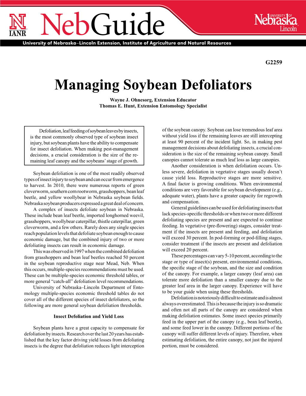 Managing Soybean Defoliators Wayne J