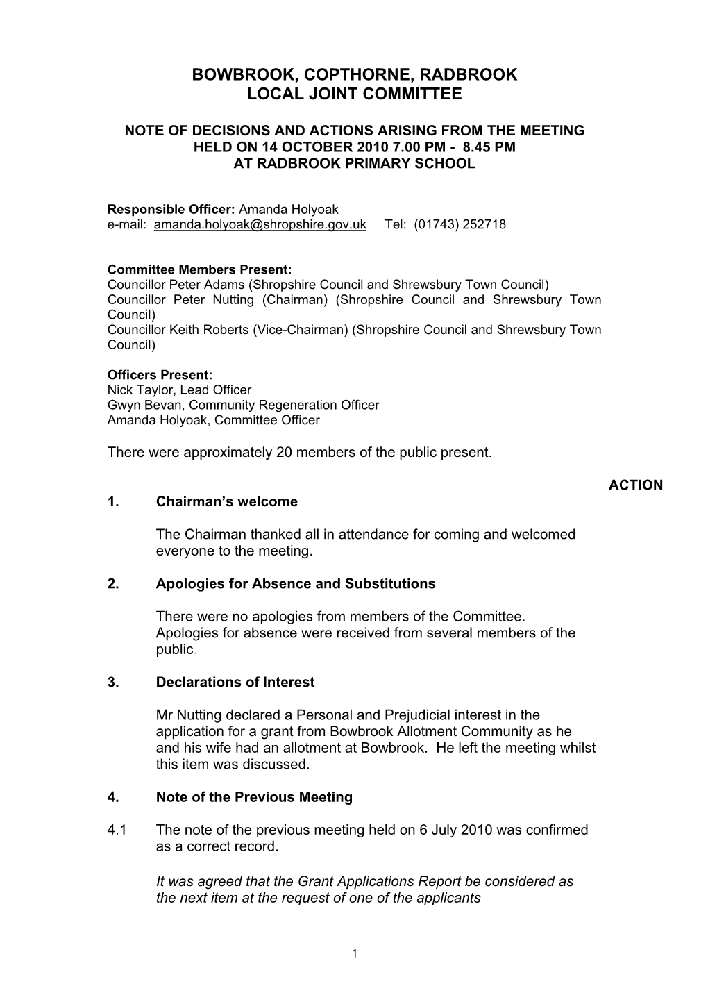 Bowbrook, Copthorne, Radbrook Local Joint Committee