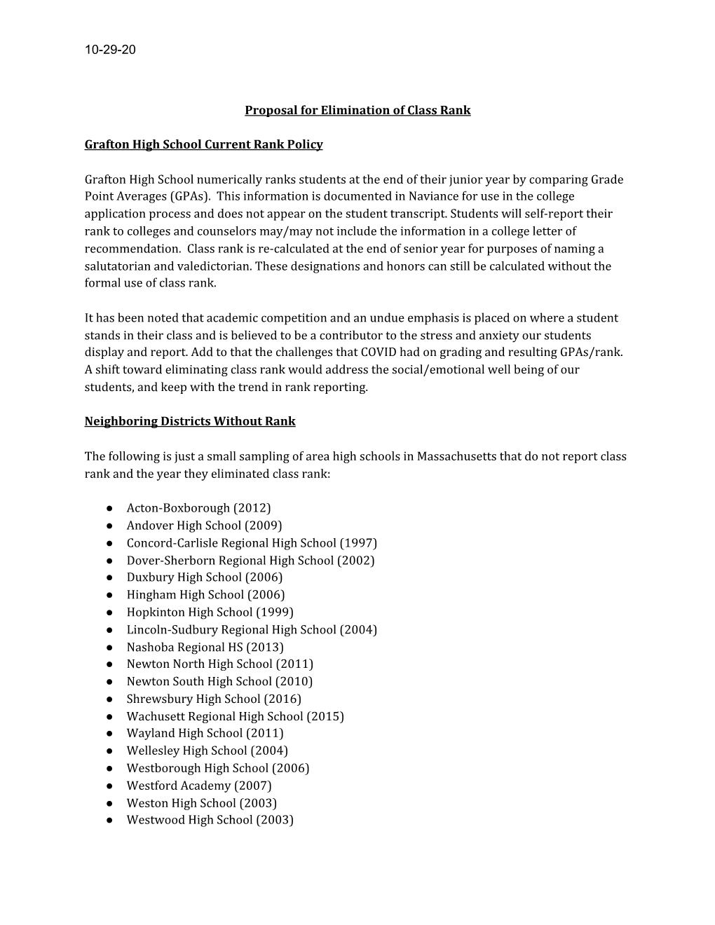 10-29-20 Proposal for Elimination of Class Rank Grafton High School