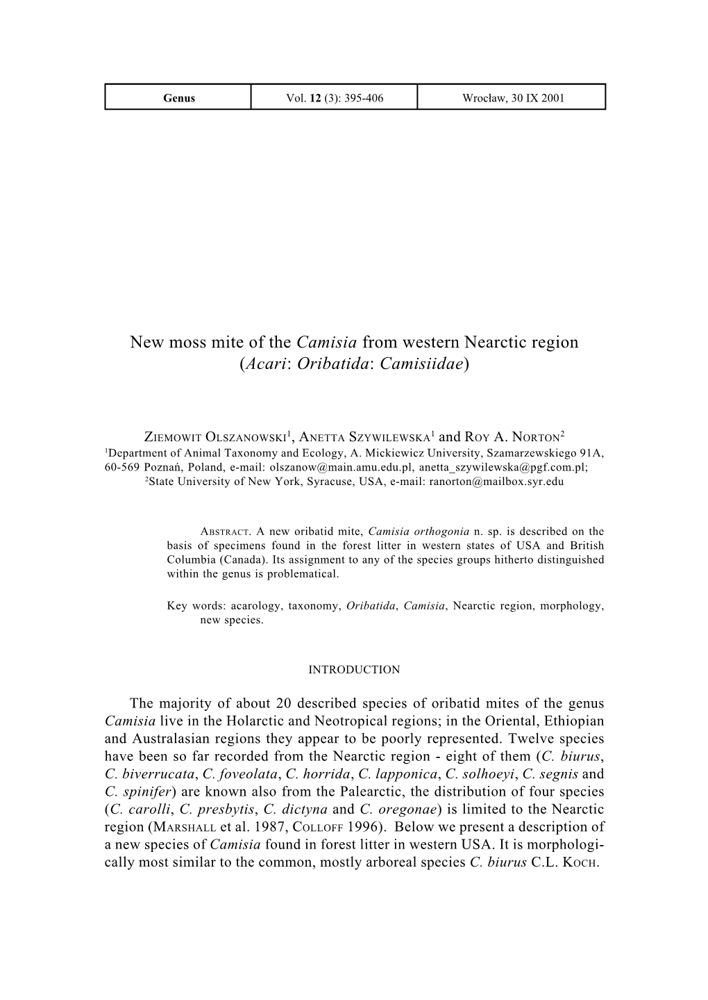 New Moss Mite of the Camisia from Western Nearctic Region (Acari: Oribatida: Camisiidae)