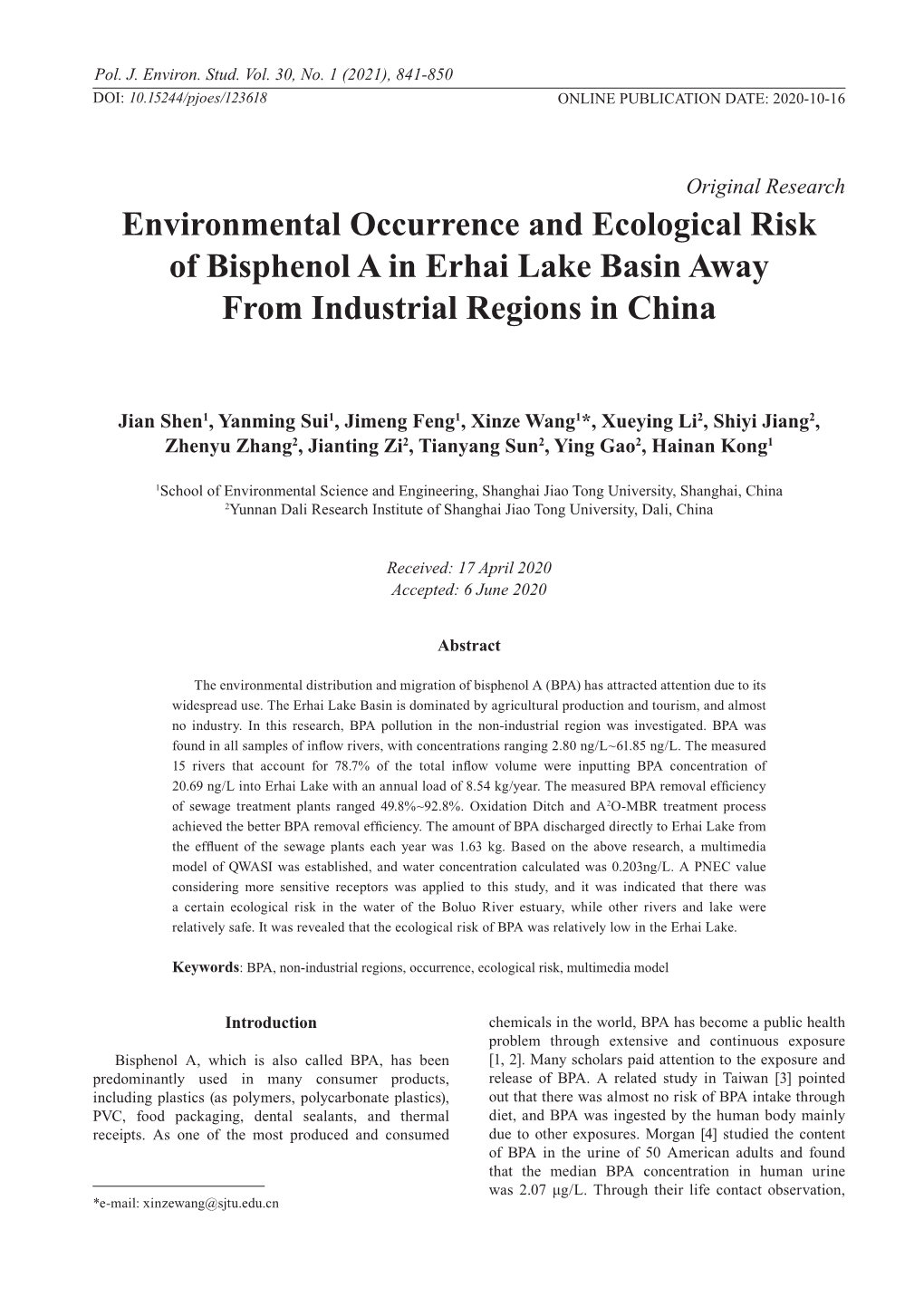 Environmental Occurrence and Ecological Risk of Bisphenol a in Erhai Lake Basin Away from Industrial Regions in China